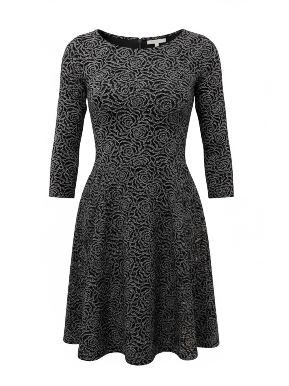 LOFT Black and Gray Floral Lace Fit-and-Flare Dress
